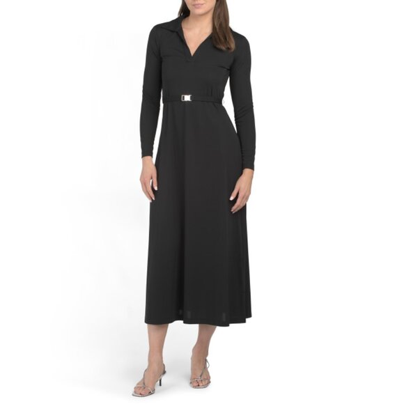 DKNY Black Long Sleeve Collared Maxi Dress